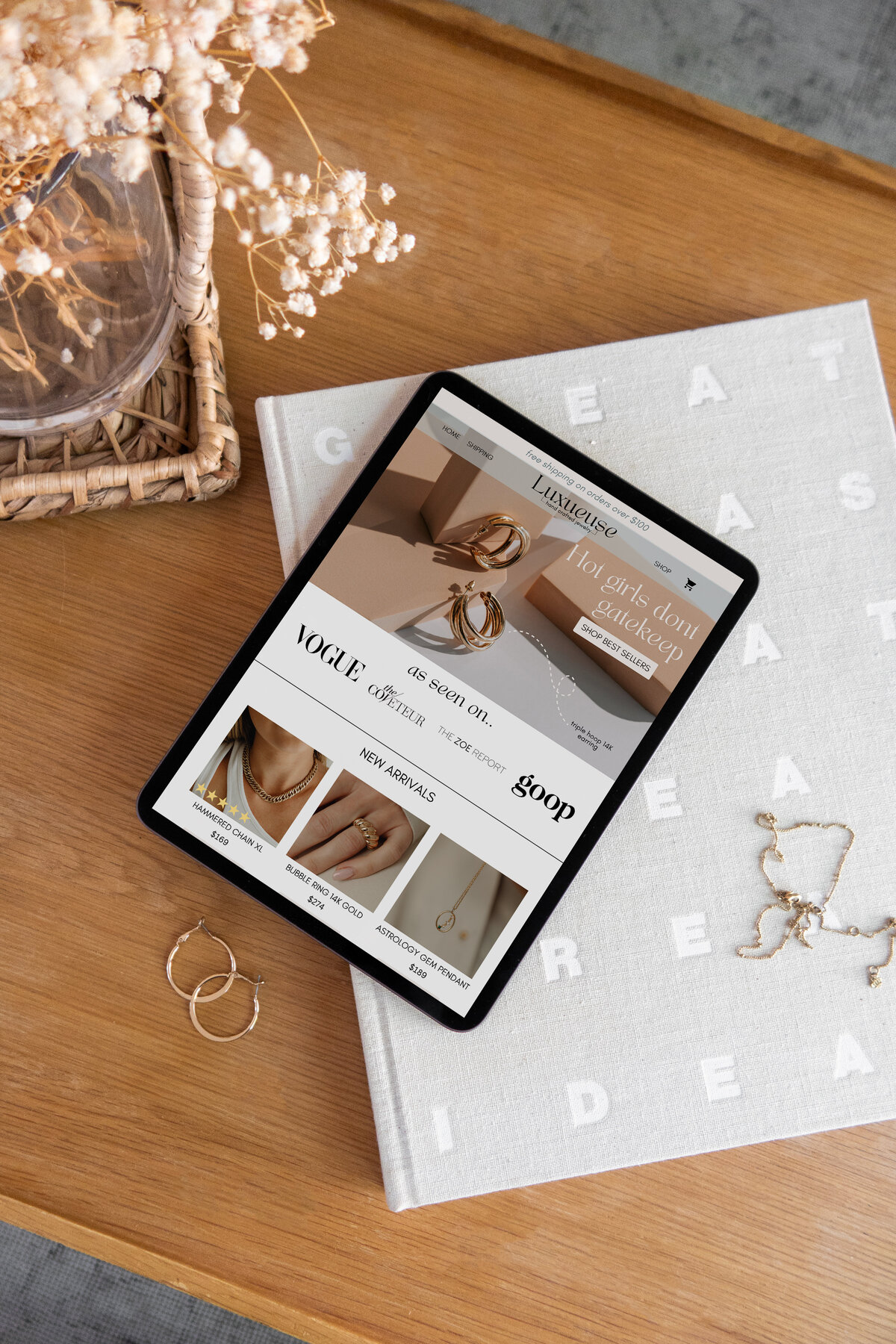 Luxury jewelry brand shopify website design mockup in an iPad