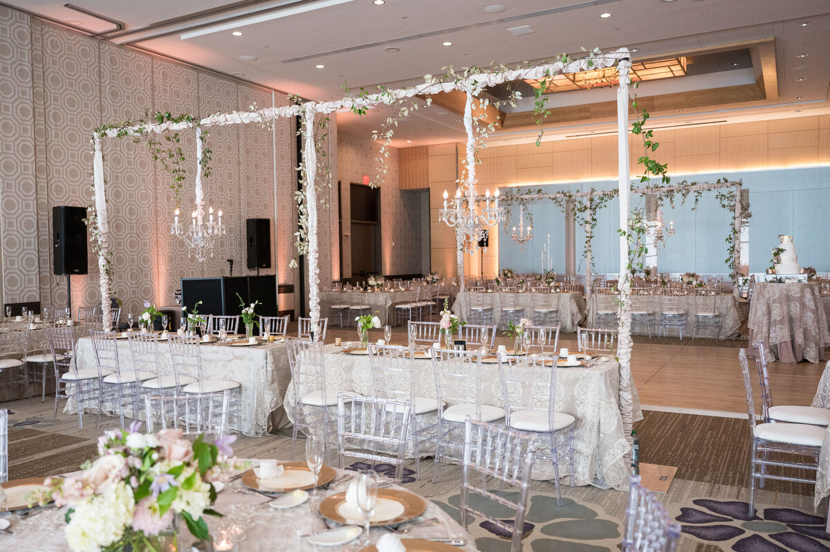 wedding receptions at fairmont hotel with long tables and high centerpieces
