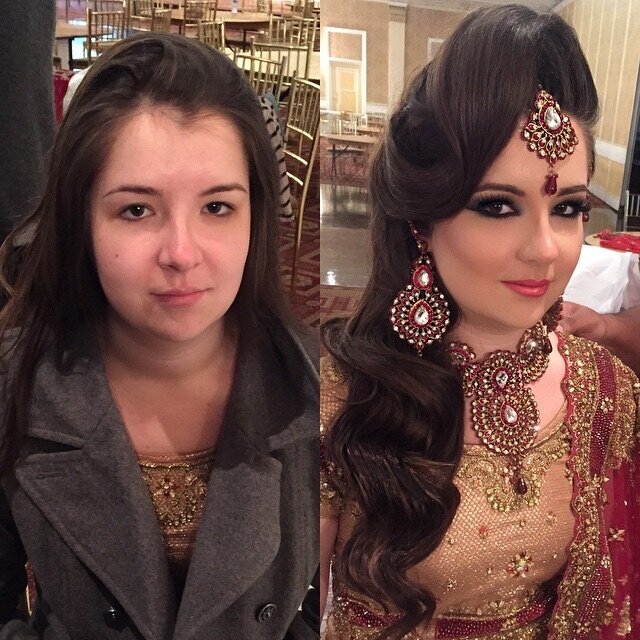 Dramatic eye makeup transformation in Ottawa: Before shows natural look, after features stunning smokey eyes.