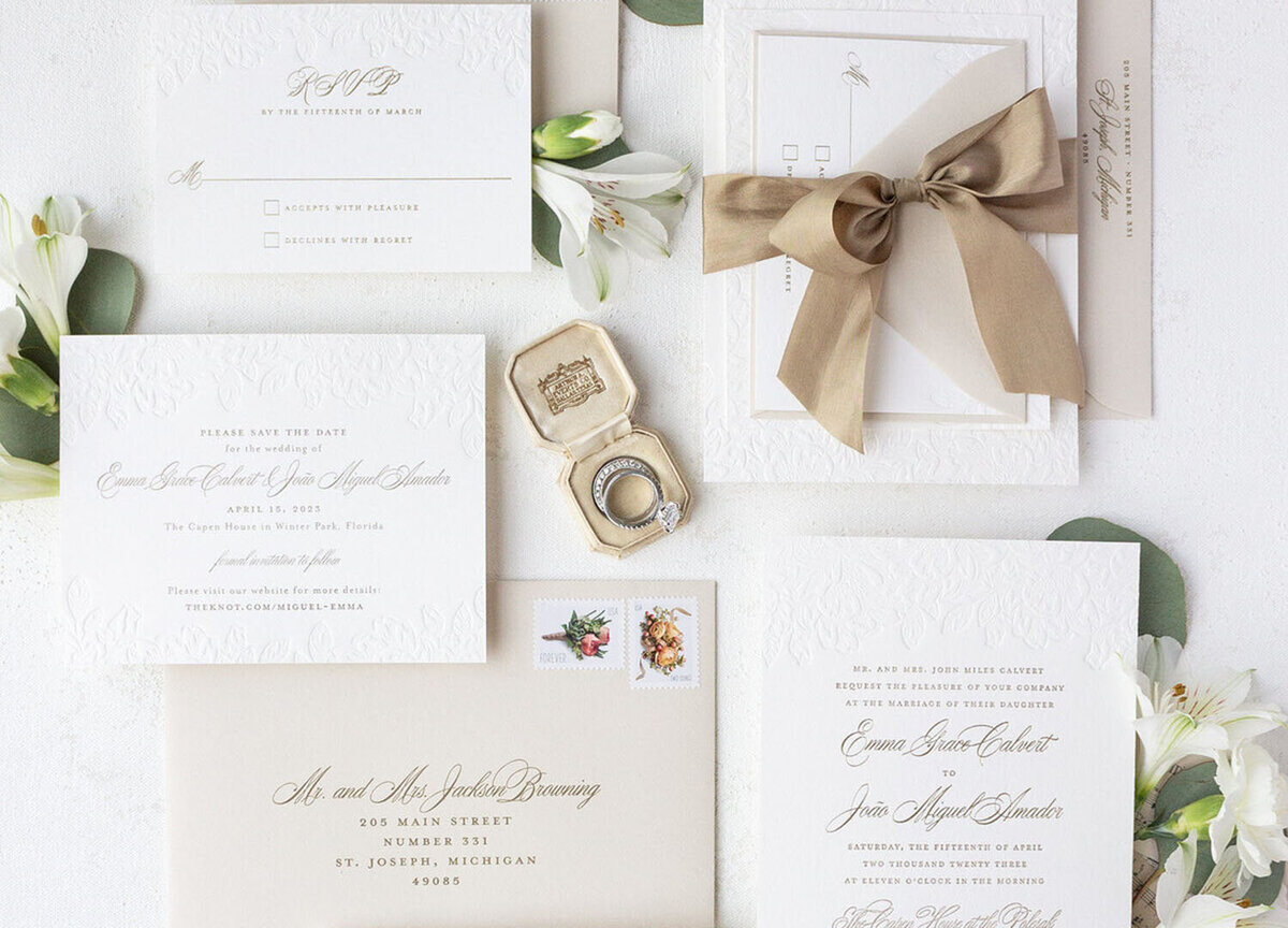 neutral color palette wedding invitations with blind letterpress