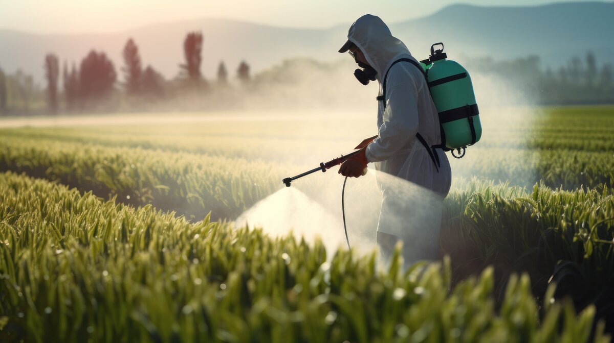 Man in hazmat suit and mask spraying a field with chemicals