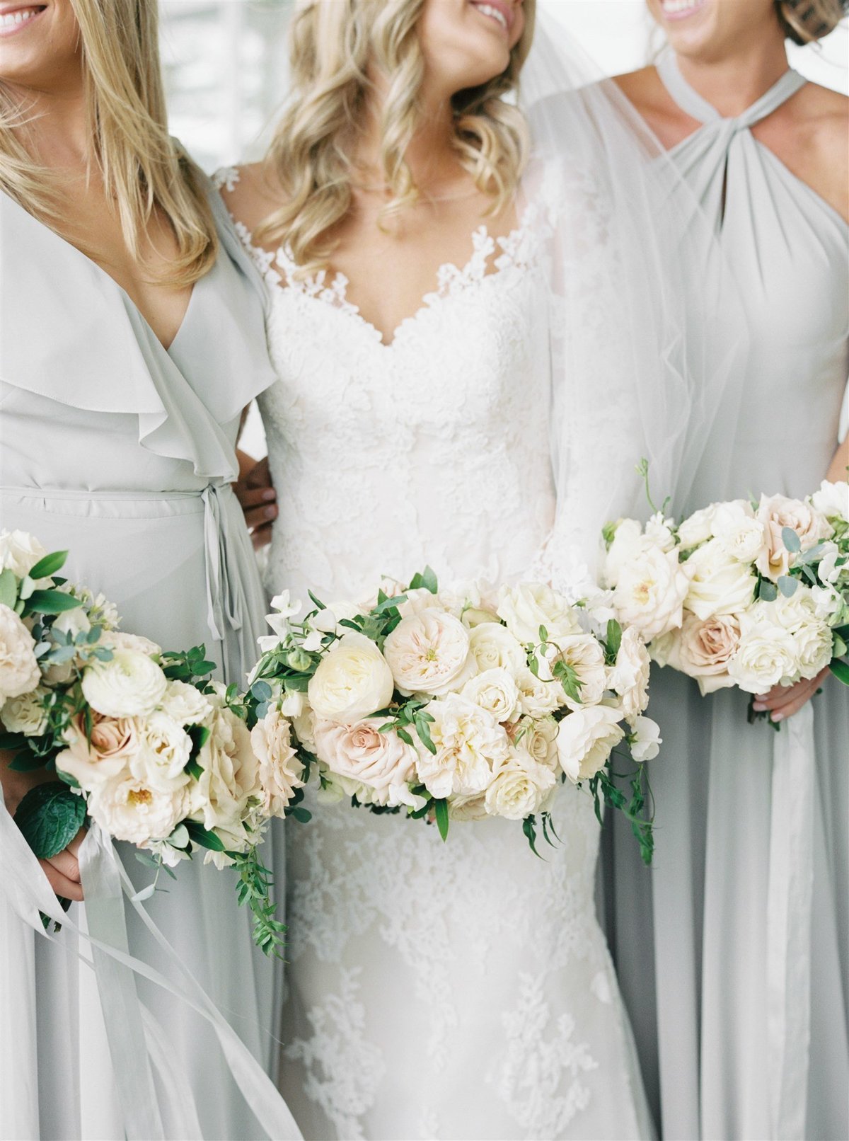 Garden inspired bouquets with gray bridesmaids dresses for a Cape Cod Wedding by luxury Cape Cod wedding planner and designer Always Yours Events