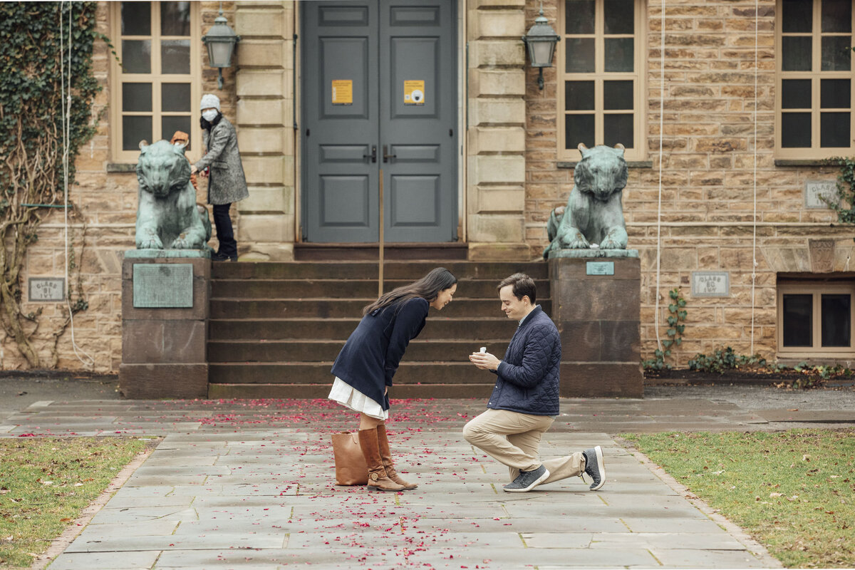 Proposal Photographer | Groom-to-be proposing on the Princeton University campus surrounded by historic architecture | Princeton, New Jersey