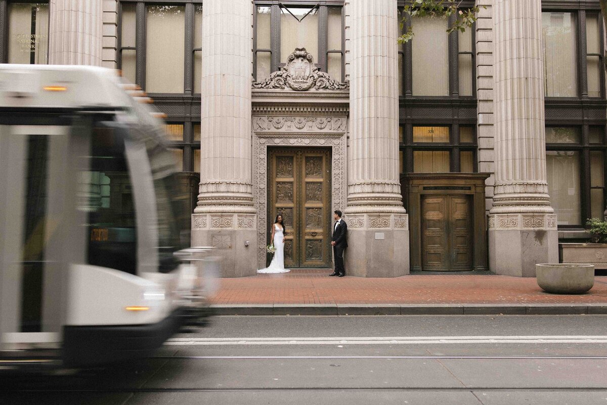 Wedding photos at the Historic National Bank building in downtown Portland