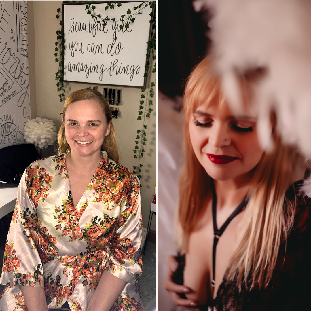 left images is women with no makeup waiting to get it done. right side is women eyes closed with white wings