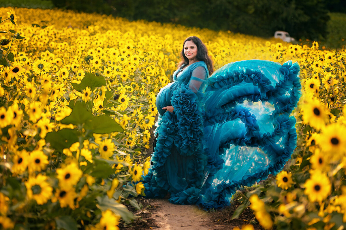 Woman in a blue ruffle gown in a sunflower field holding her baby belly of twins.