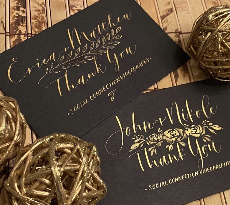 Elegant black ad gold thank you tags calligraphy