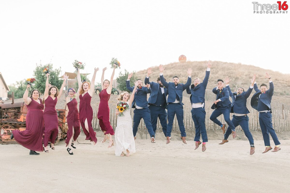 Entire wedding party jumps for joy with the newly married couple