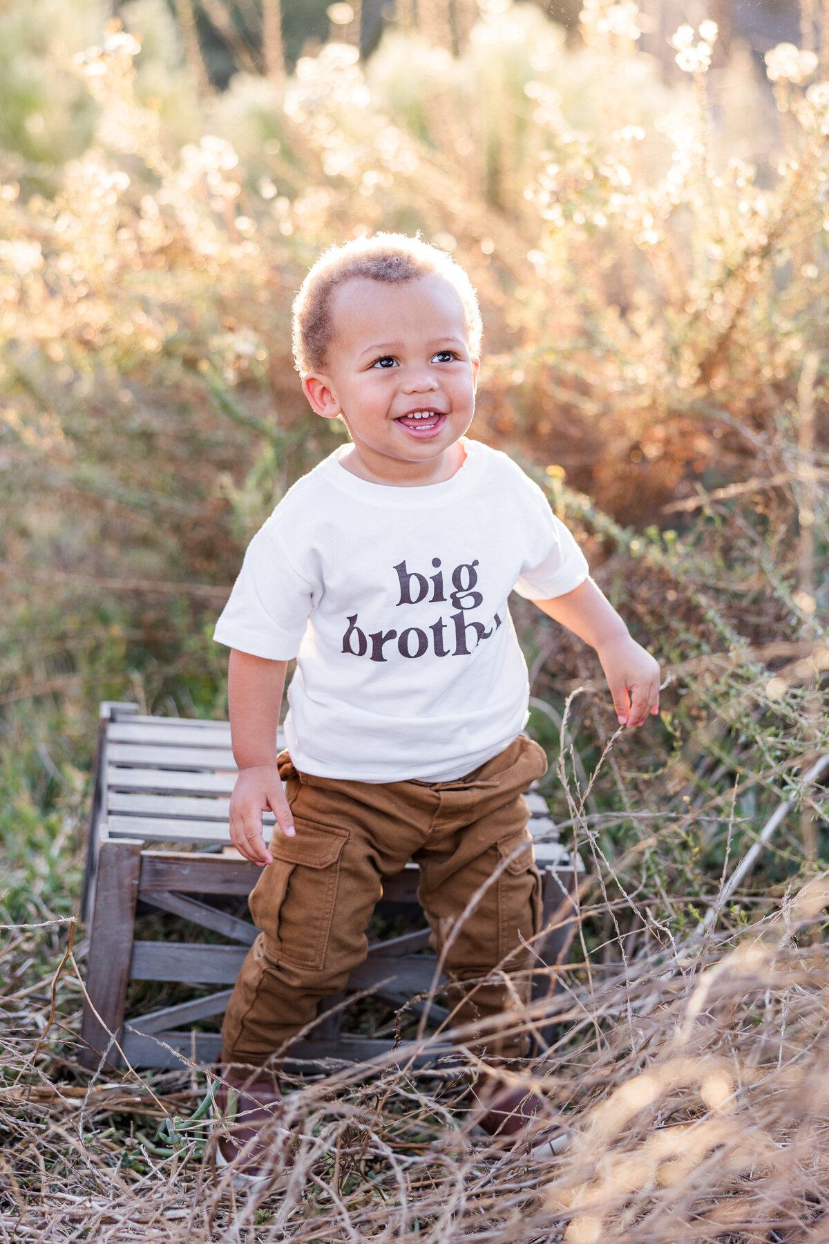 toddler boy sitting on wooden crate glowy field