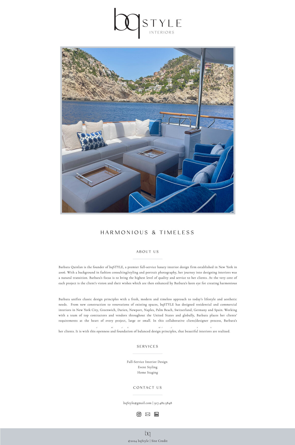 Homepage design of bq Style featuring an image of an upscale yacht with words flowing below.