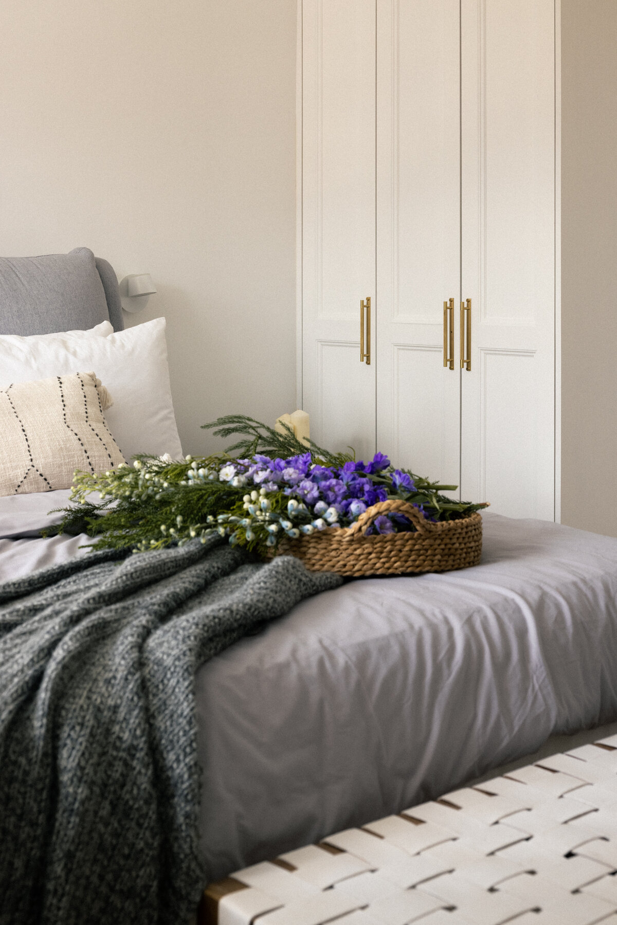 master bedroom with dried flowers decor