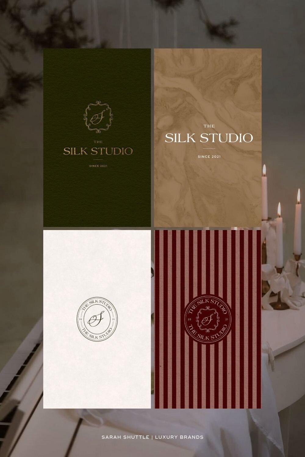 Visual collage of The Silk Studio brand elements, colours and textures designed by Sarah Shuttle