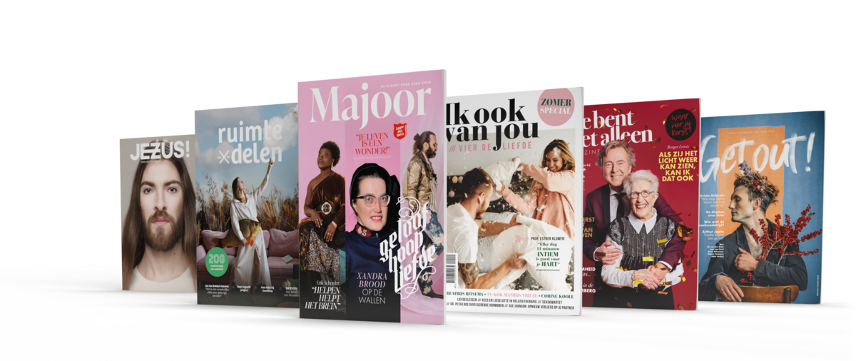 Jezus, ruimte om te delen, majoor, ik ook van jou, je bent niet alleen, get out magazines. Ontwikkelt door Bladkamer voor o.a. Leger des Heils, Maatschappij van Welstand, EFT, Mediawater, Remonstranten en EO