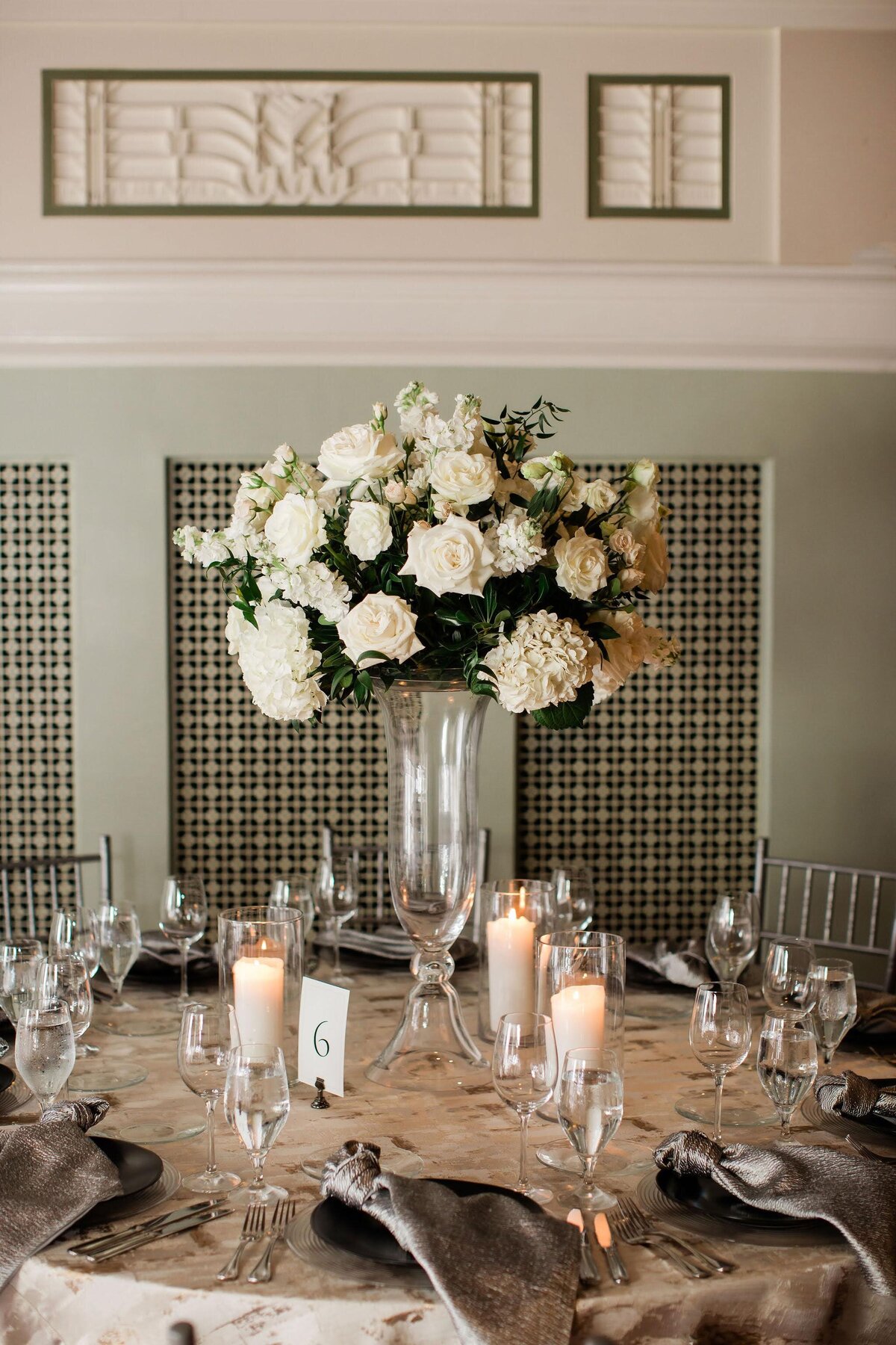 White floral centerpiece wedding table romantic wedding schermerhorn symphony center Wedding