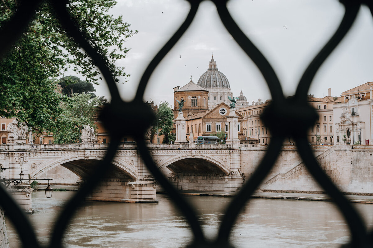 Couple holding hands through metal railing with Rome skyline behind.