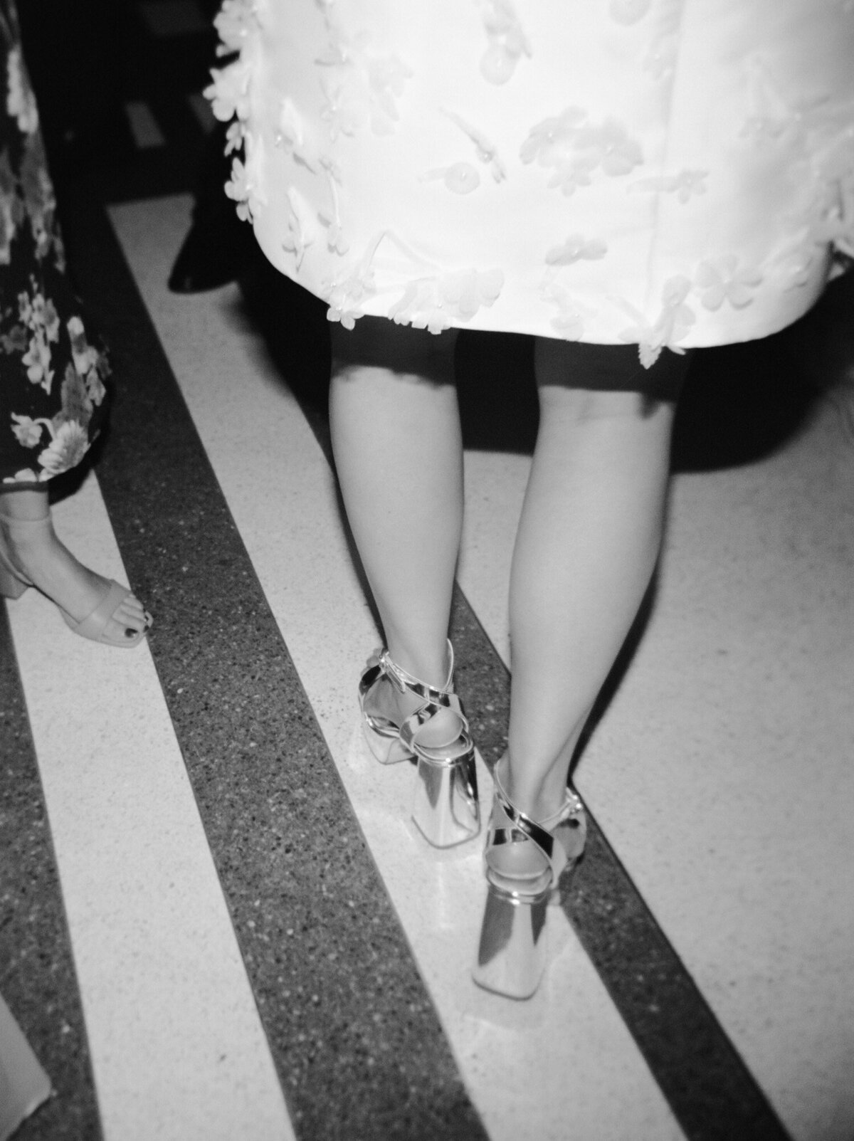reflective shiny platform heels, bride second look, short reception dress