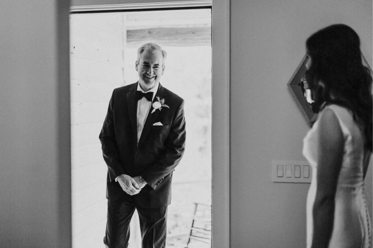 Father of the Bride First Look with a Classic Bride before a Luxury Michigan Lakefront Golf Club Wedding.