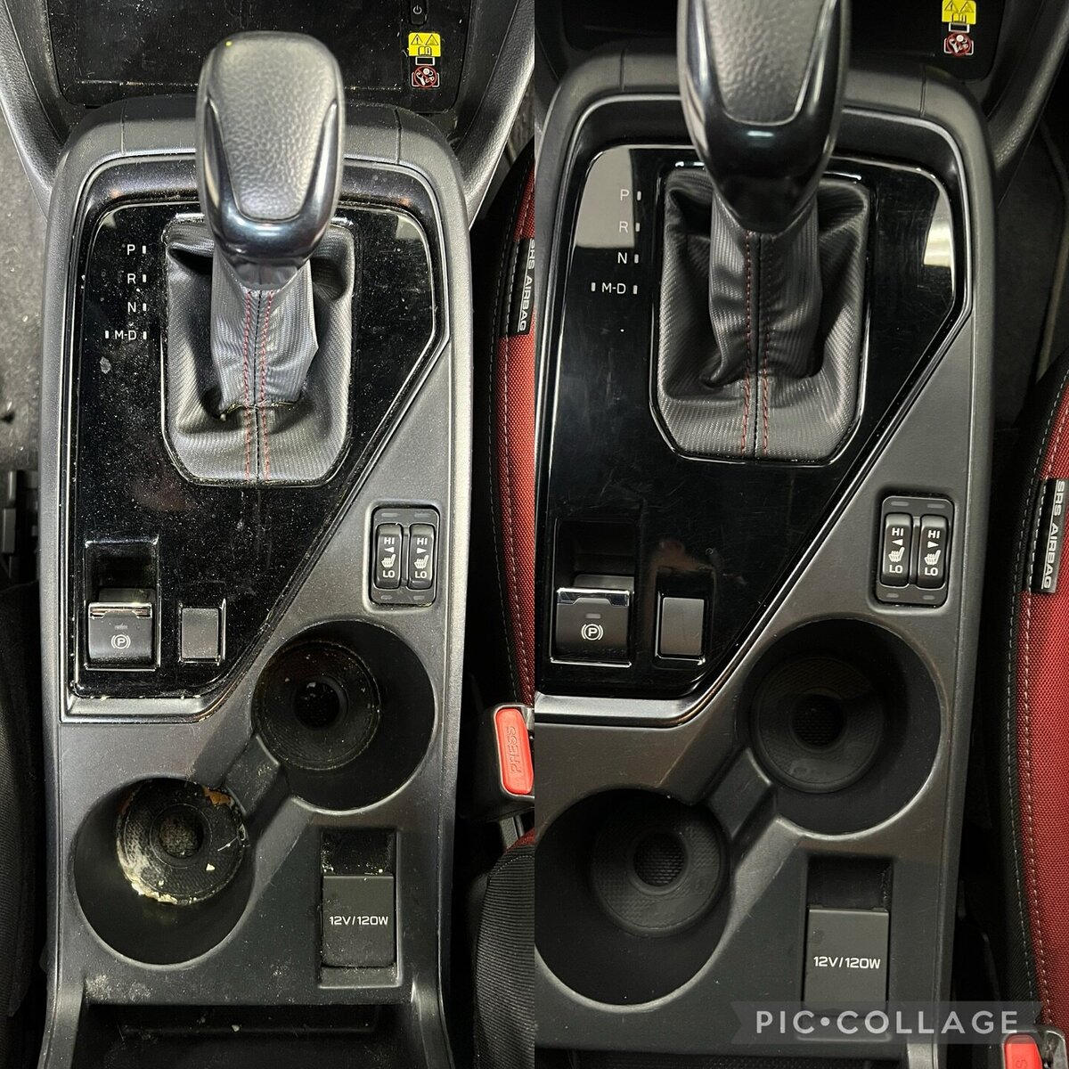Before-and-after comparison showcasing the dramatic results of professional interior car detailing at Superstar Auto Spa in Queens, New York. The left side shows a dirty center console with dust, spills in the cupholders, and grime on the plastic surfaces. The right side reveals a meticulously cleaned center console with a glossy finish, spotless cupholders, and pristine buttons, demonstrating the effectiveness of our interior car cleaning services.