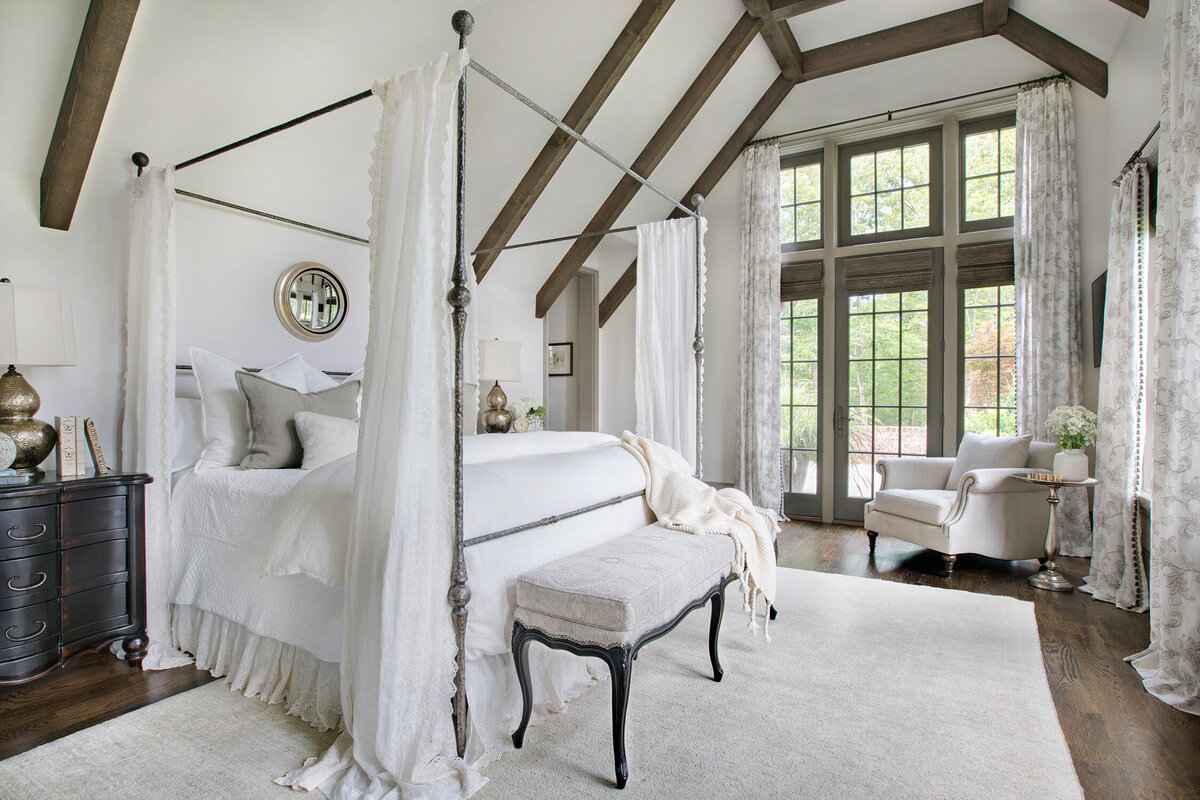 Panageries Residential Interior Design | Traditional Mountain Roost Master Bedroom with White Curtains and White Bench