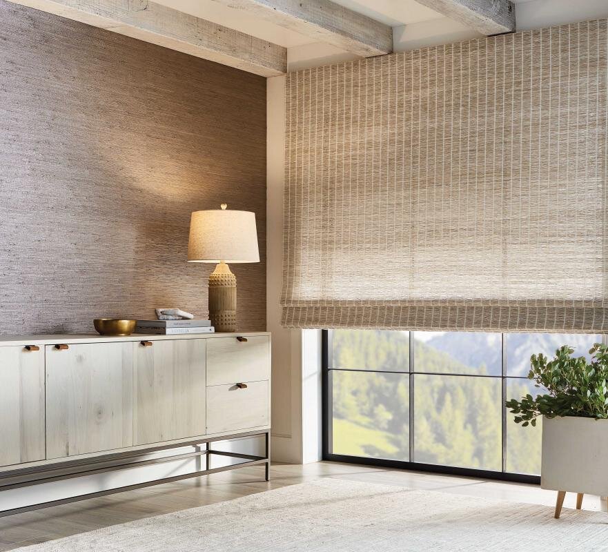 Light-filtering roller shades in a stylish living room