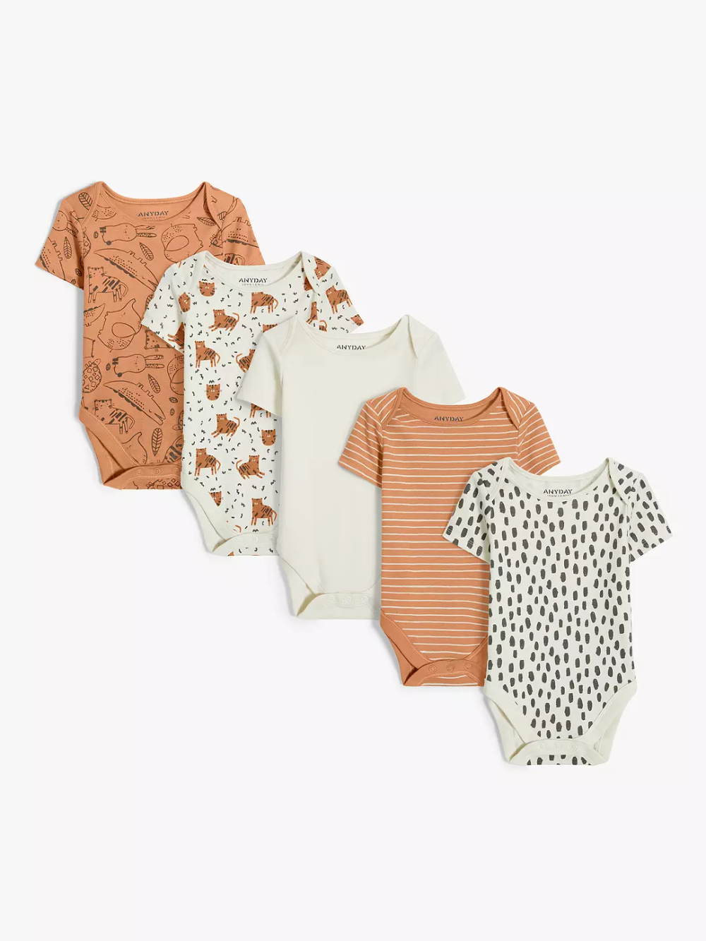 John Lewis & Partners Baby Animal Print Short Sleeve Bodysuit, Pack of 5, Multi