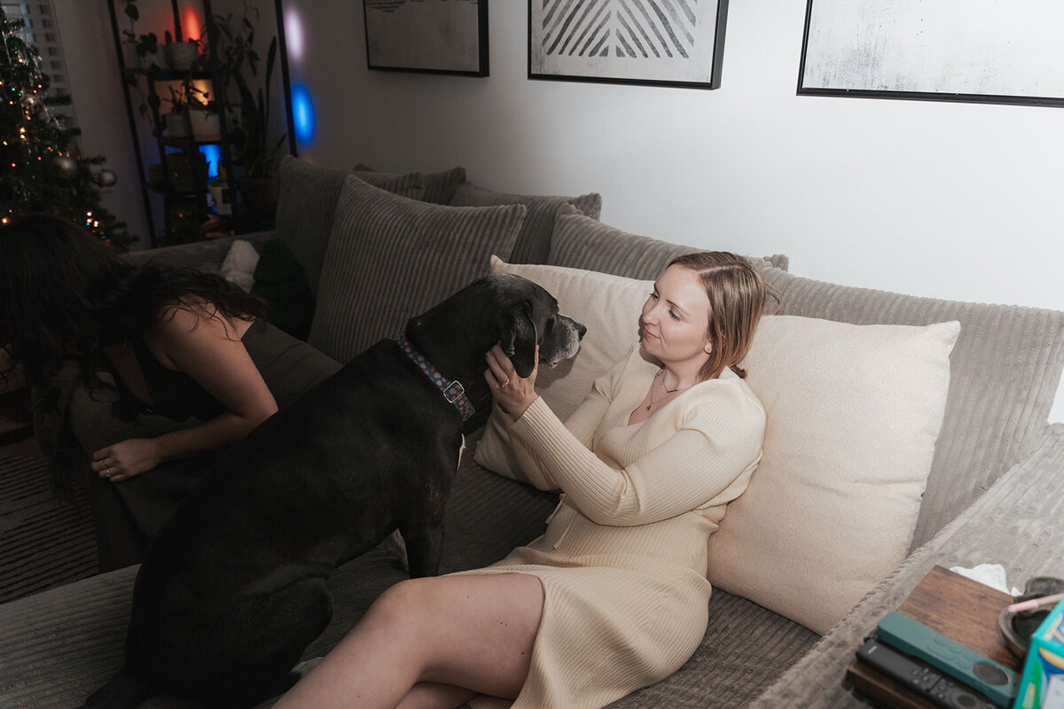 Dog makes eye contact with its owner as they sit on the sofa 