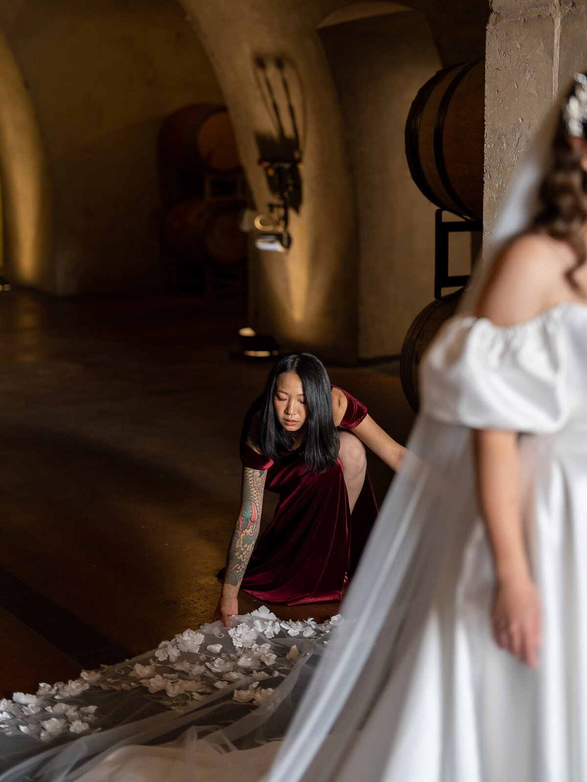 Maid of honor with bride getting ready at Sonoma wedding