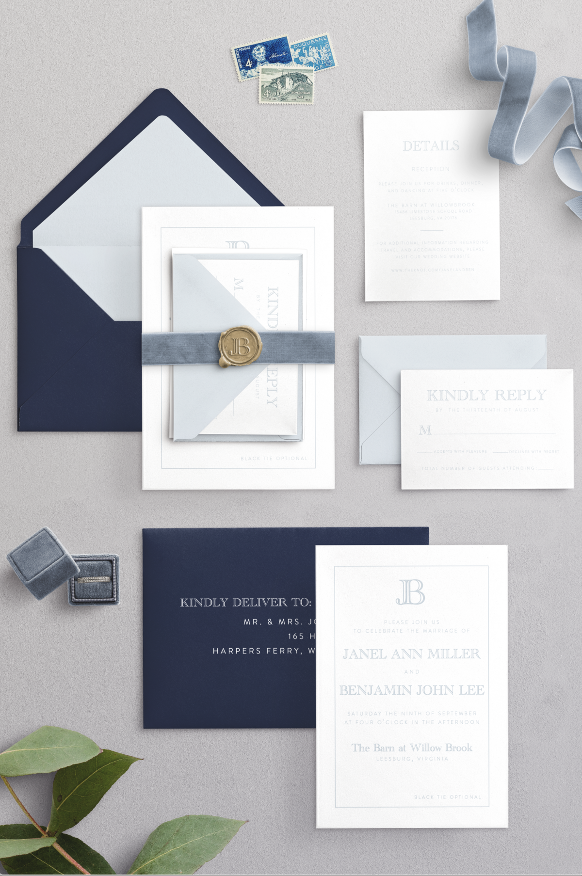 Classic and Timeless invitation with blue details