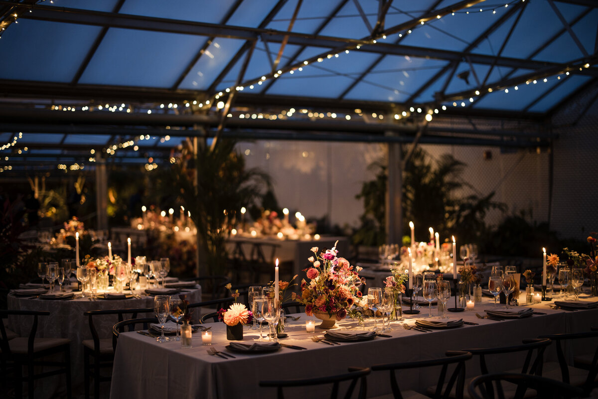Reception decor at night at a  Fairmount Park Horticulture Center wedding