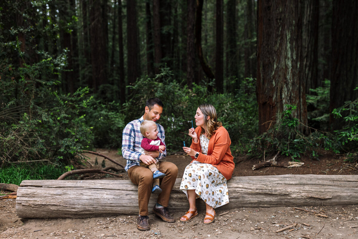 family sitting on log with dad holding toddler boy and mom in orange sweater blowing bubbles to him in Oakland woods