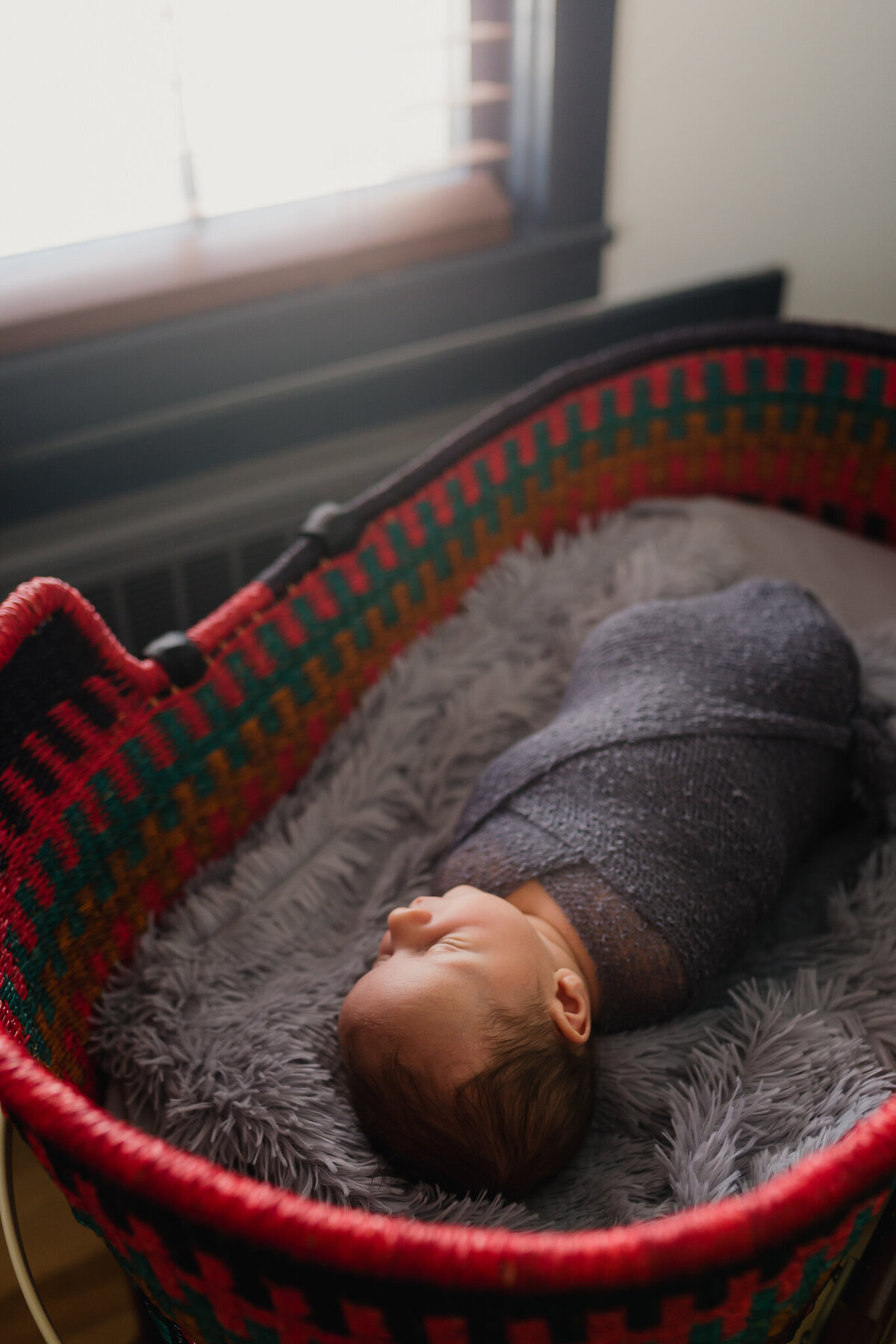 Newborn photography of a baby sleeping in crib.