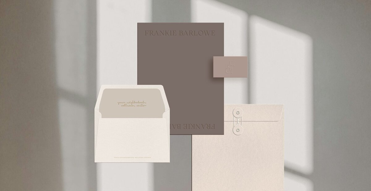 Neutral and modern brand design for a yoga studio with soft pastel tones and clean typography.