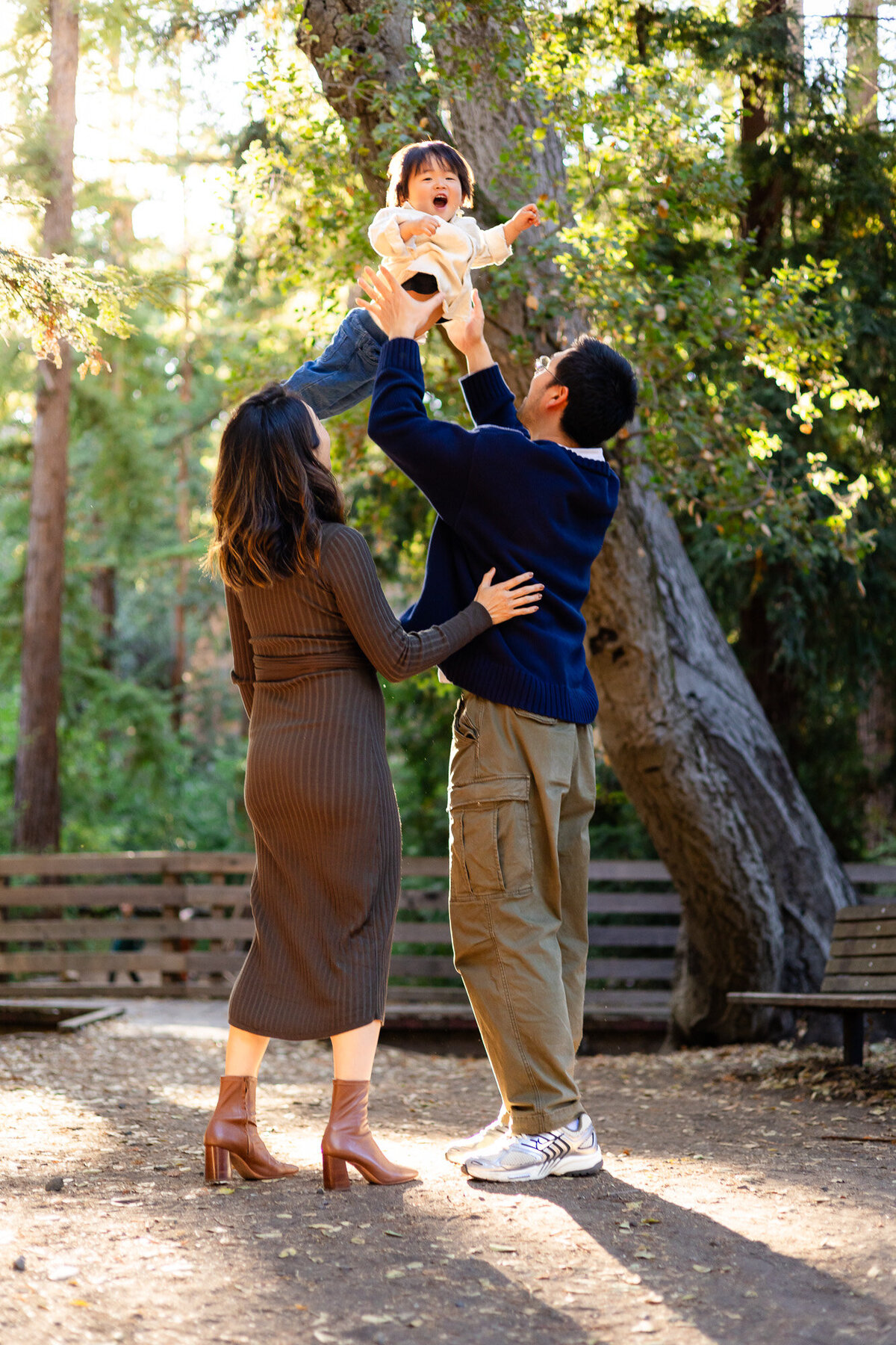 Father lifting toddler joyfully in the air during Bay Area family photos – Bay Area Family Portfolio | Ellobelle Photography