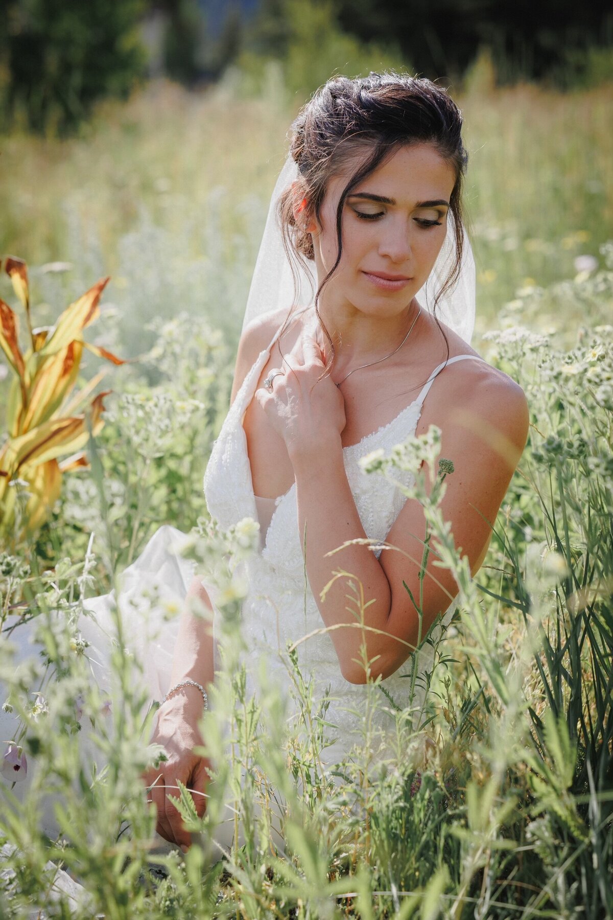 Stunning bride’s portrait in a field of flowers with her wedding dress.