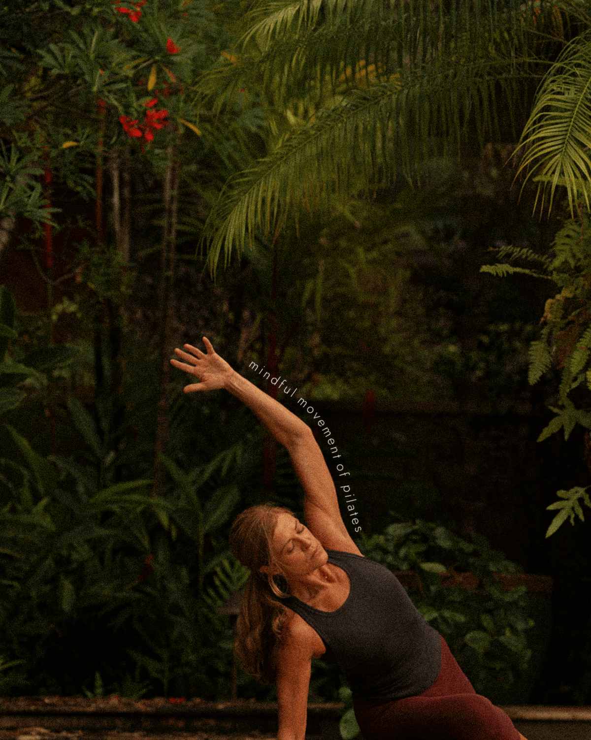 Mindful movement of Pilates graphic of pilates instructor in a pilates stretch pose against Hawaii jungle background designed by Studio Chan