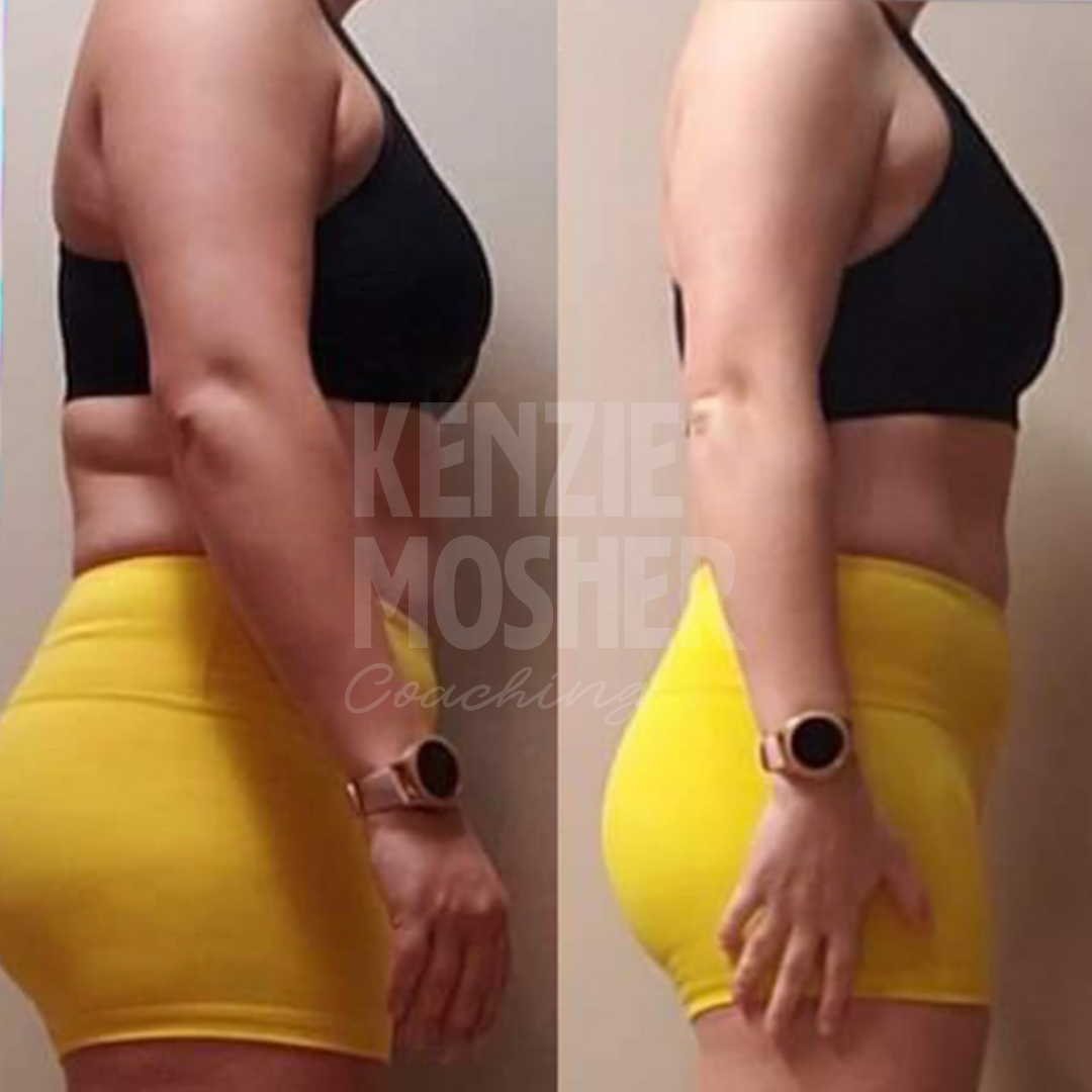 Client before and after demonstrating improved gut health, energy, and weight loss.