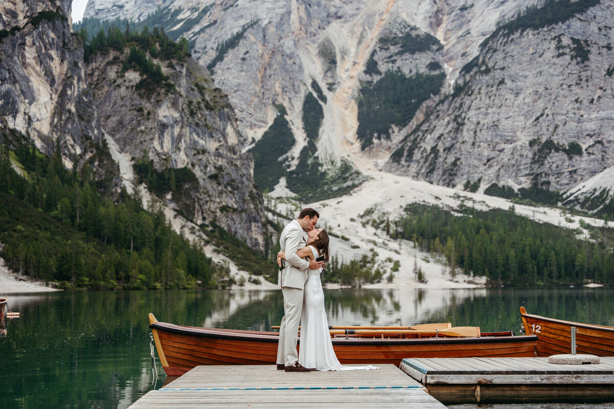 sweet couple romantic dolomites lake Braies elopement