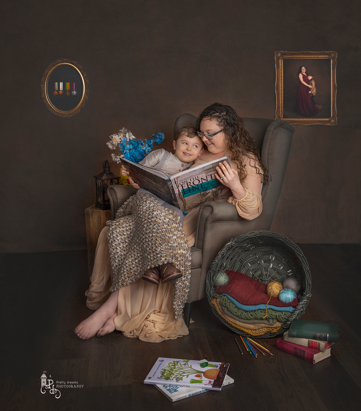 Mother and young son reading a book in a custom-designed living room filled with meaningful vintage items – Ottawa lifestyle family photography by Sonia Gourlie