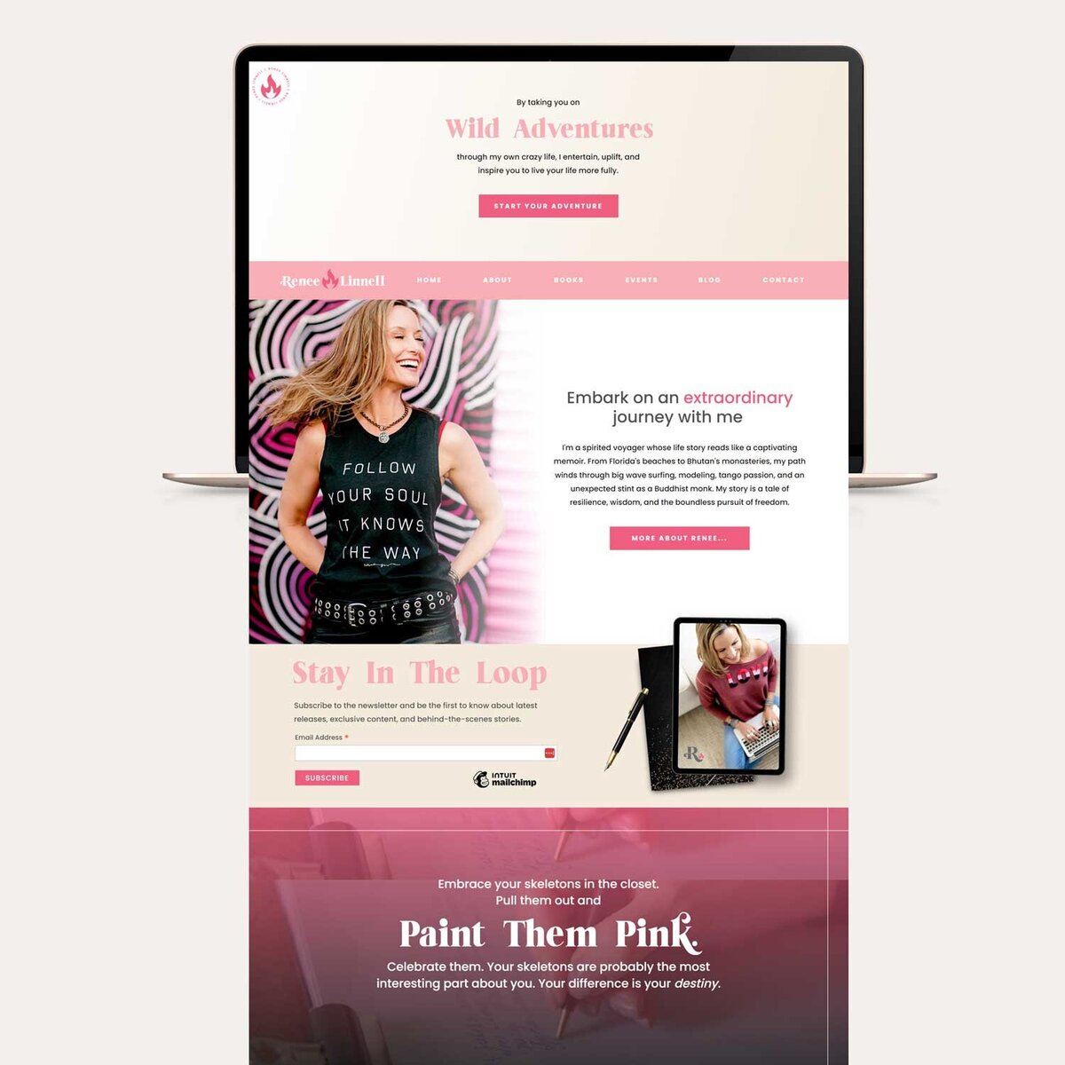 Experience the sophistication of custom web design with an author's website adorned in pinks, blacks, and intricate details, inviting readers into a world of literary elegance.