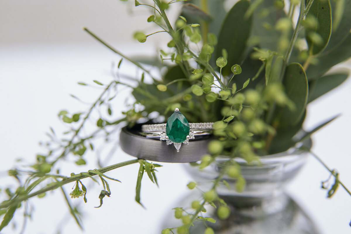 close up of ring sitting on a plant vase