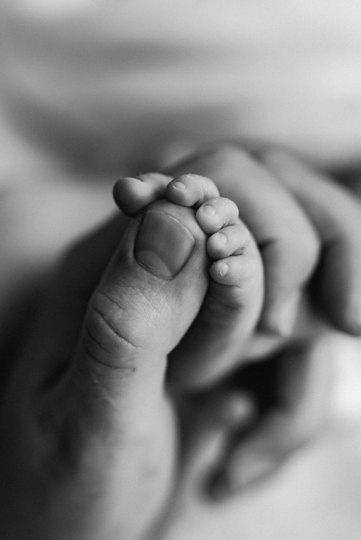 New father holding his sons tiny foot at newborn photoshoot in west sussex