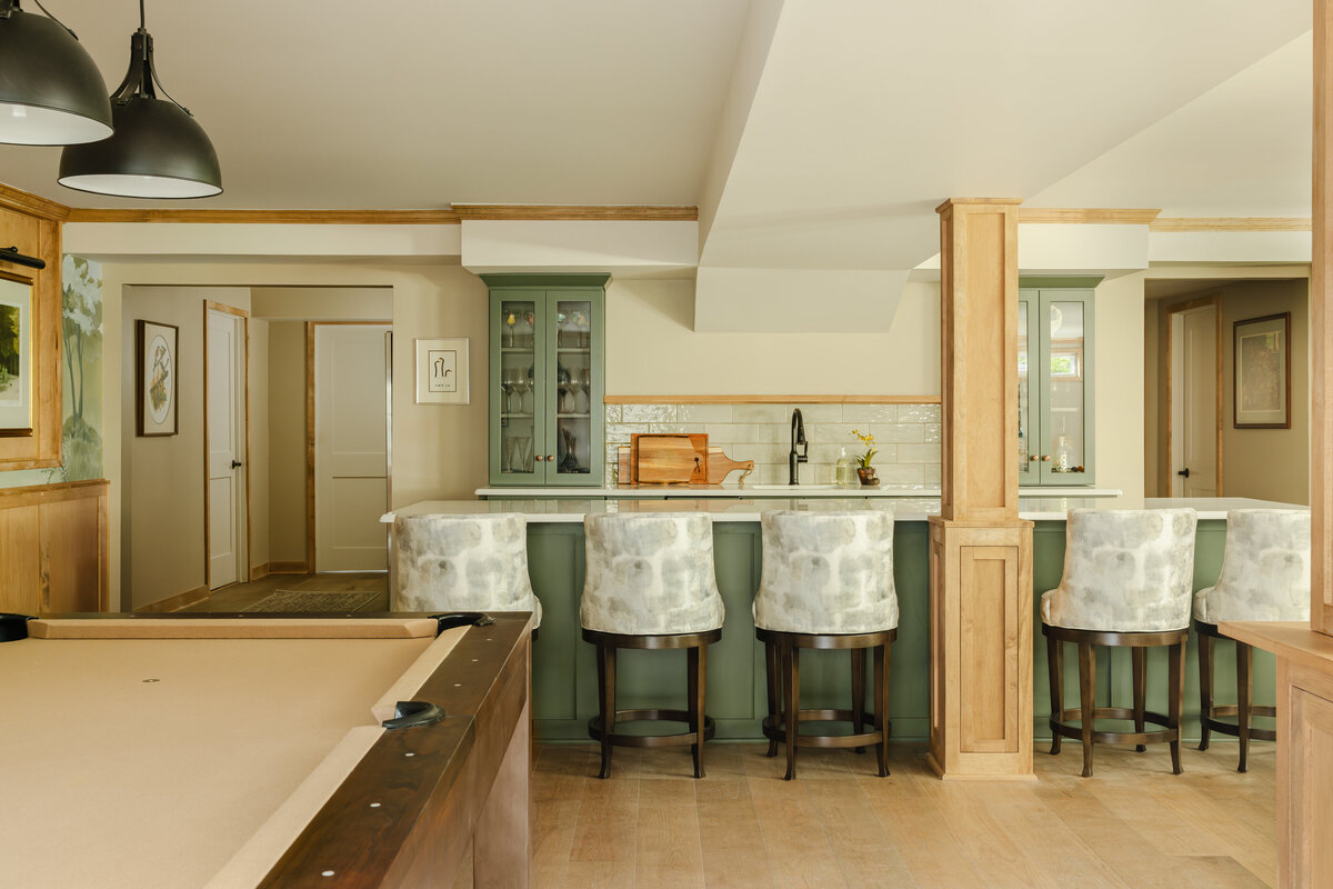 custom woodwork-green cabinets-basement kitchen5
