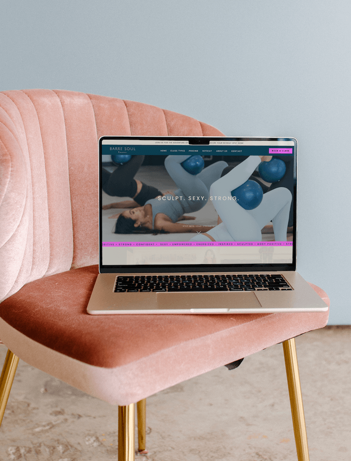 Beautiful custom brand and web design in laptop mockup for Barre Soul Kauai studio created by Hawaii-based web designer Studio Chan