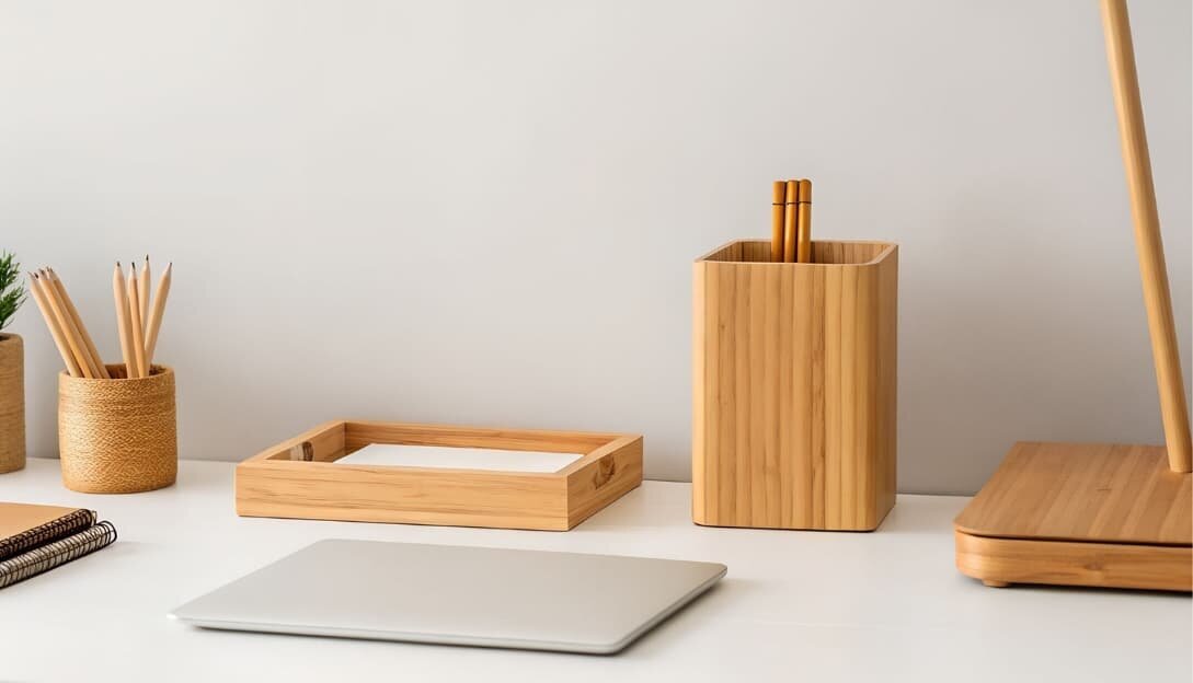 Minimalist desk setup with closed laptop and wooden accessories, representing Simplero support services.