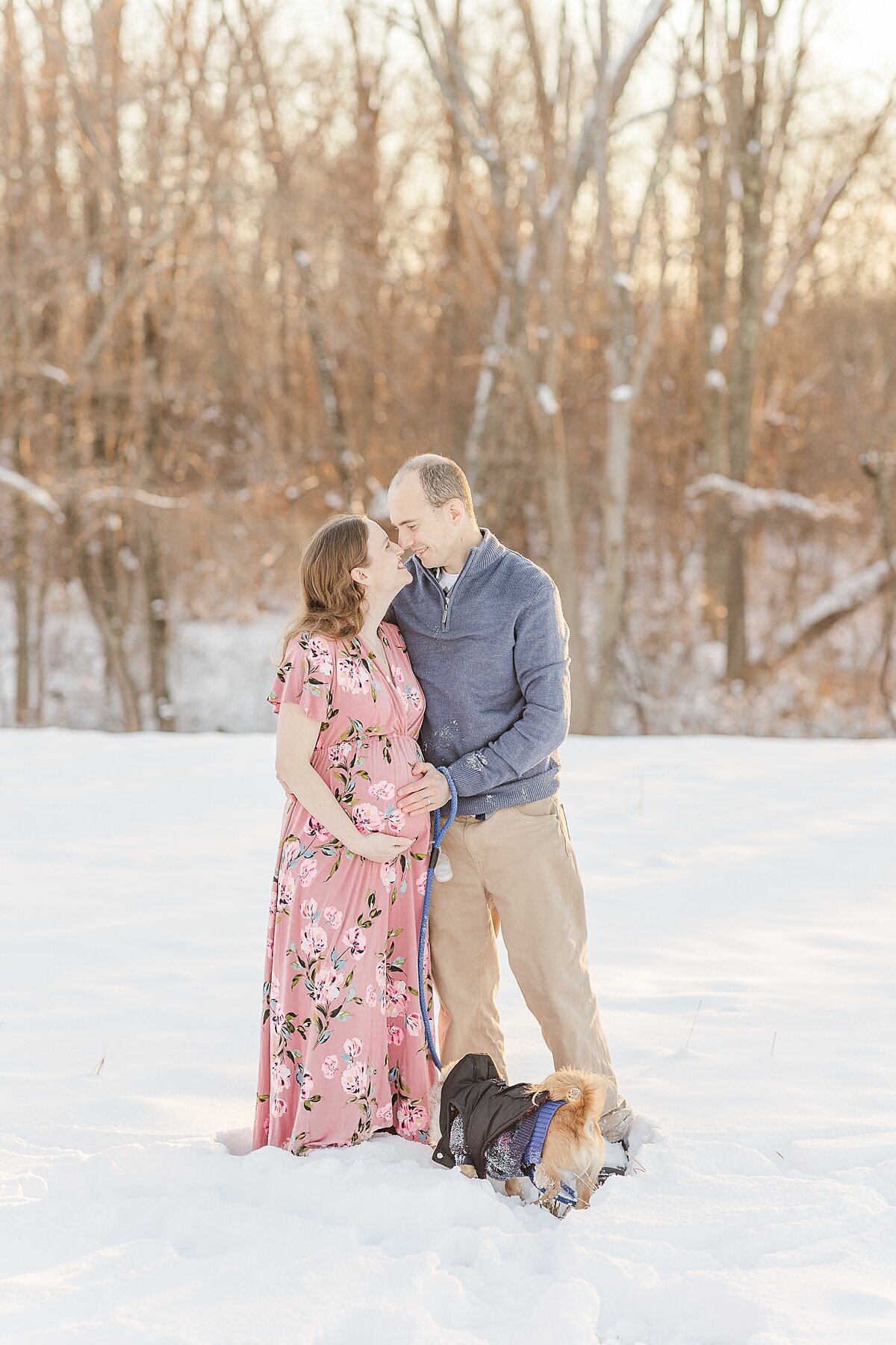 couple  and dog stand in snow during snowy winter maternity photo session with Sara Sniderman Photography in Medfield Massachusetts