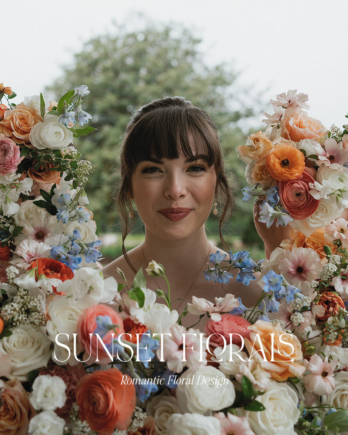 Bride holding vibrant bouquet with the Sunset Florals logo overlaid — part of branding by Sarah Shuttle