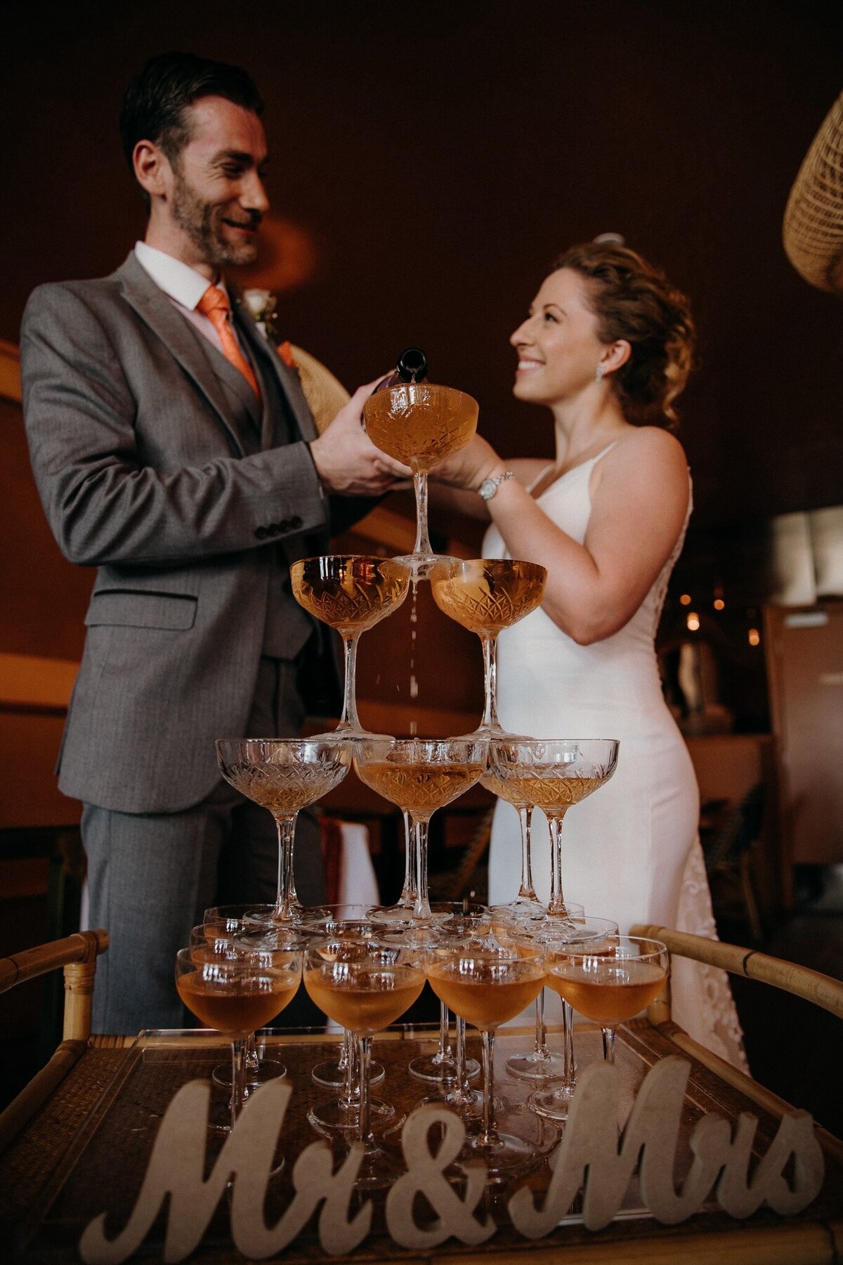 wedding at bar venue with champagne tower