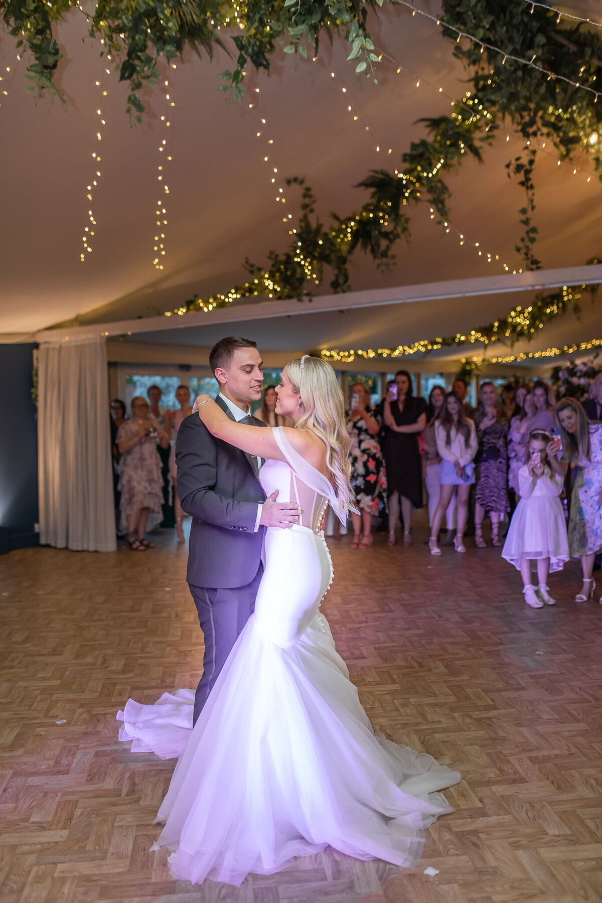 Bride and groom during their first dance at Combermere Abbey