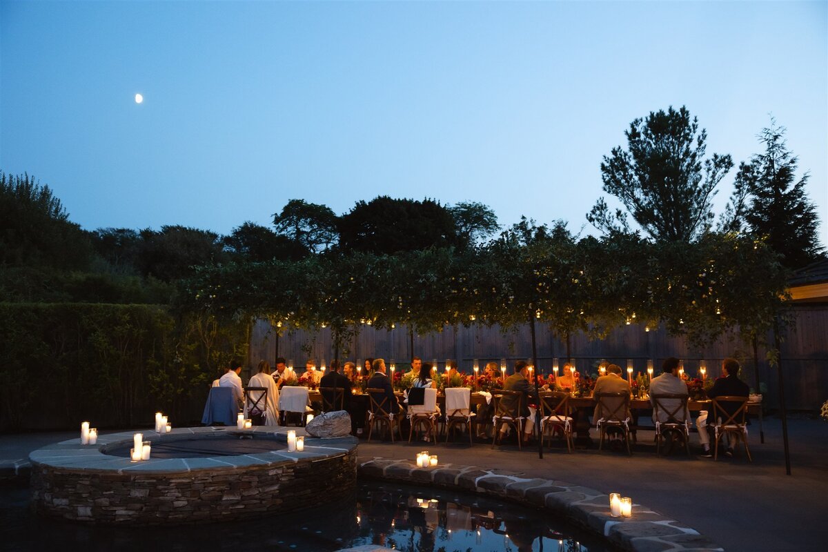 Farm tables, metal arch, Market lights, glass orbs (15)