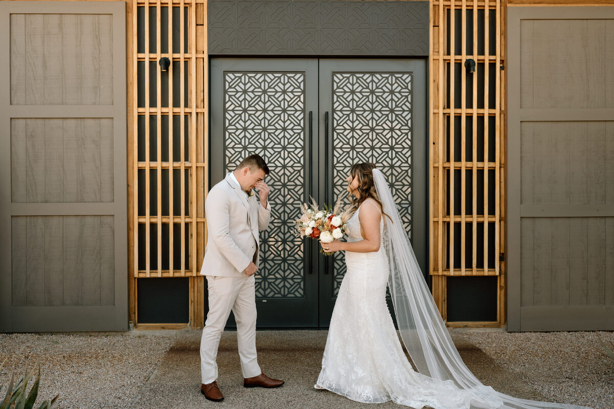 first look in front of patterned doors